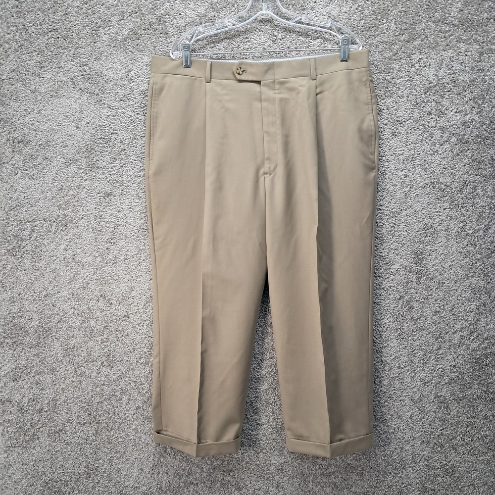 Tommy Hilfiger Mens 100% Wool Pleated Cuffed Dress Pants Tan Khaki RN 47638